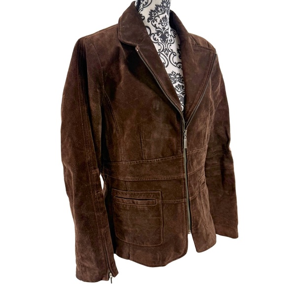 Bernardo Genuine Suede Leather Jacket Brown Zip Front Tailored Classic Luxe, M - Picture 3 of 13